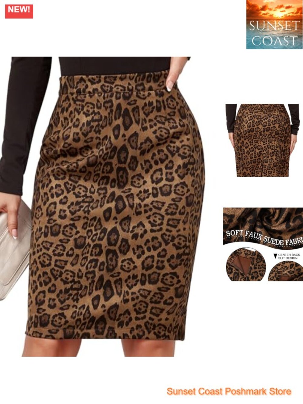Faux Suede Leopard Pencil Skirt High Waisted Bodycon Midi